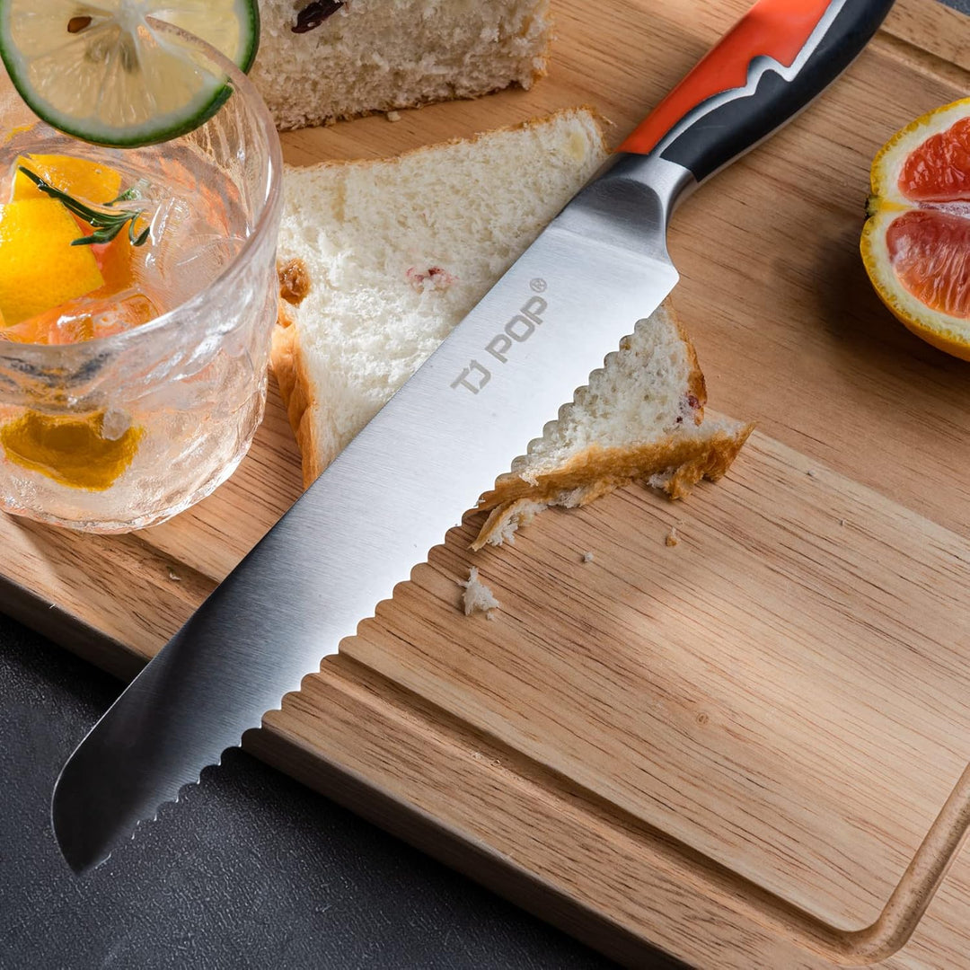 TJ POP Brotmesser Wellenschliff, Küchenmesser Profi Messer 20cm, Ultrascharfes Brotschneidemesser Fu