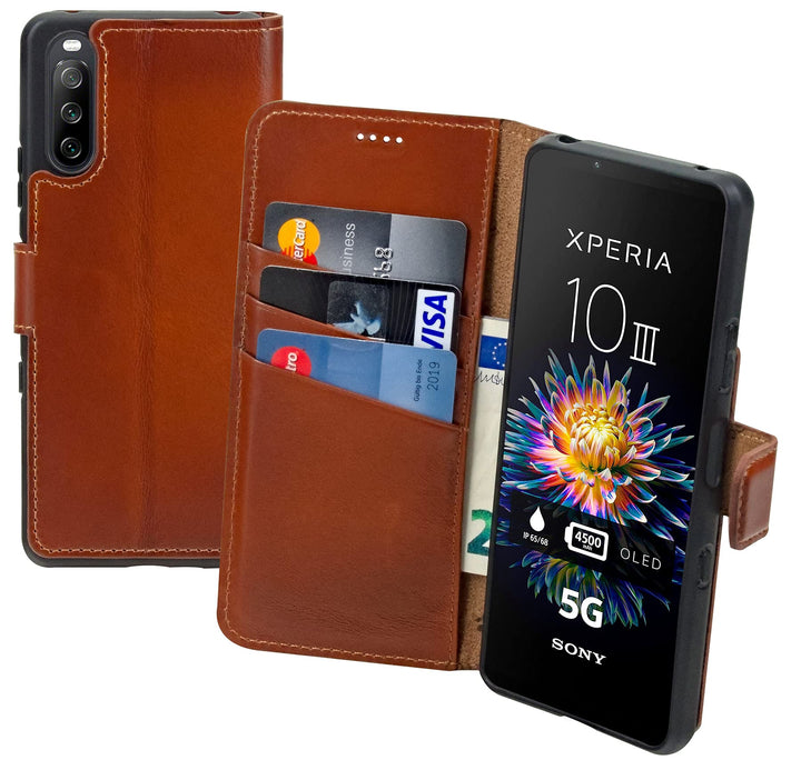 Suncase Book-Style Hülle kompatibel mit Sony Xperia 10 III 3 (2021) Leder Tasche (Slim-Fit) Lederhül