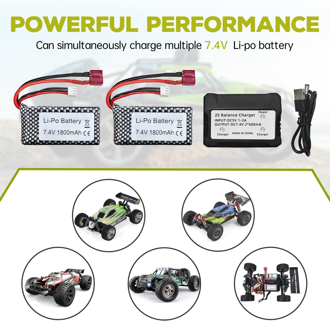 2PCS 7.4V 1800mAh Lipoakku mit 2 in 1 Ladegerät für WLTOYS A959-B A969-B A979-B K929-B 144001 Hochge