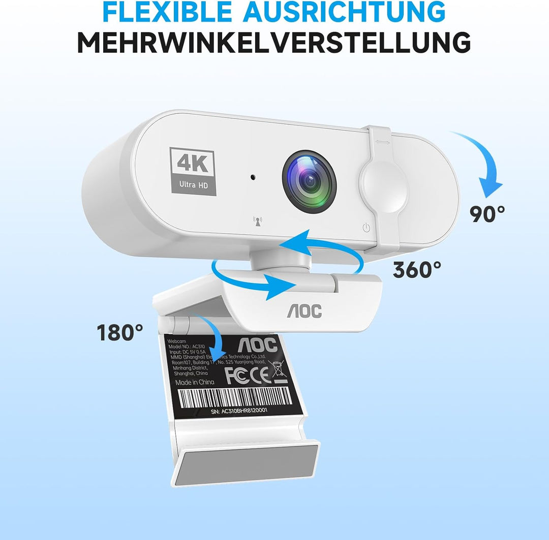 AOC 4K Webcam mit Mikrofon, Autofokus, Automatische Lichtkorrektur, 99° Ansicht, Objektivabdeckung,