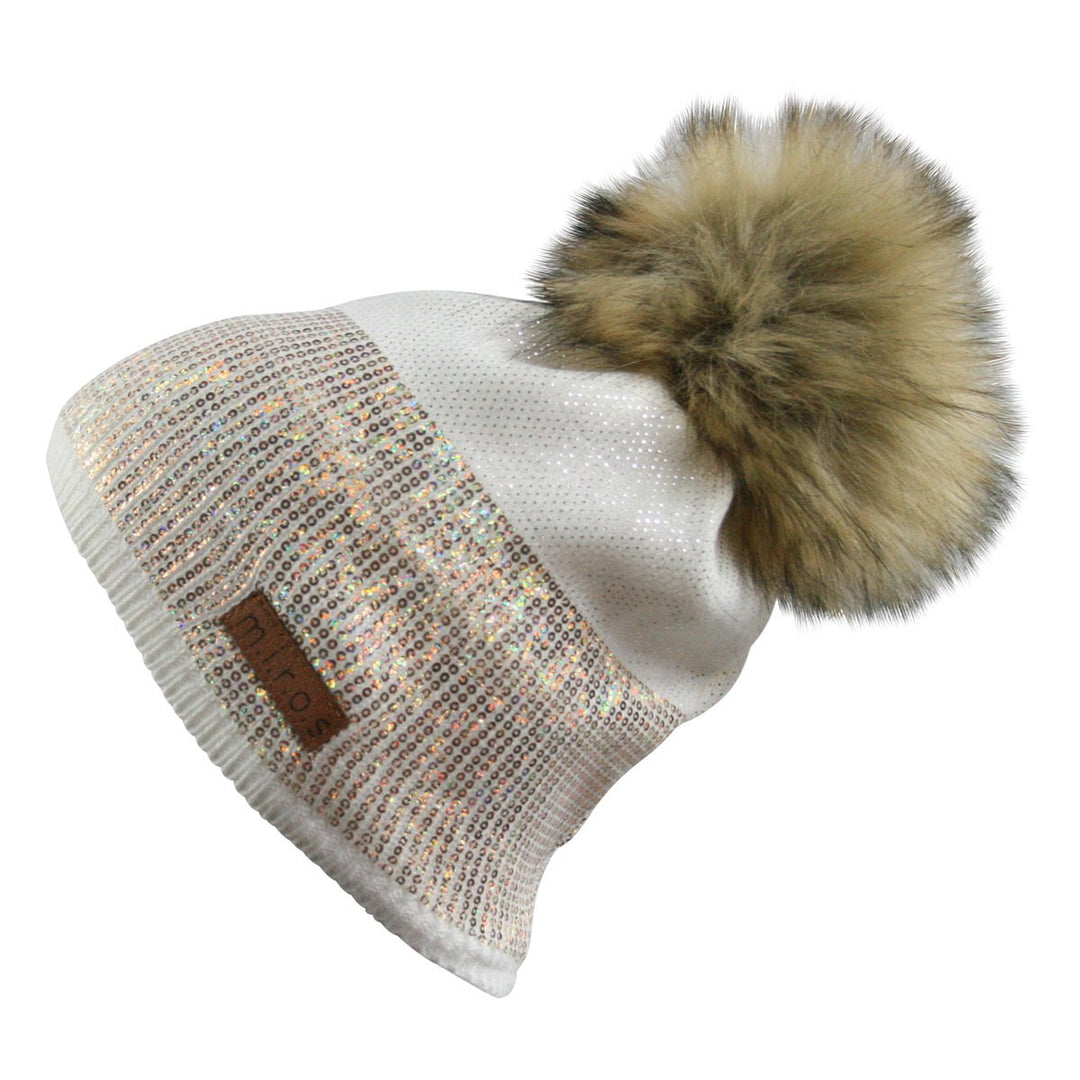 Sandy Damen Wintermütze Weiss mit goldenem Pailletten Print | handgemachte Mütze