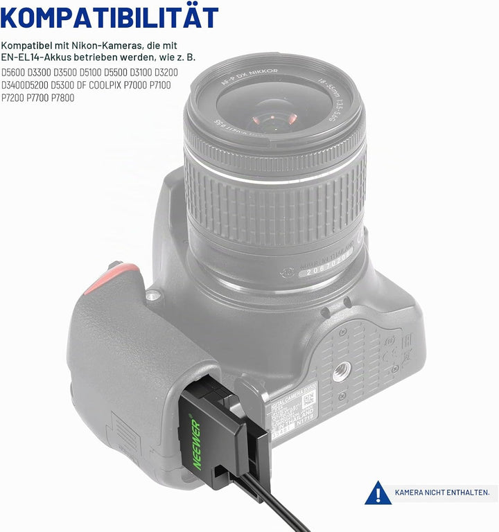 Neewer EP 5A AC Netzteil Adapter und DC Koppler Dummy Akkuladegerätset Ersetzt den EN EL14 Akku, kom