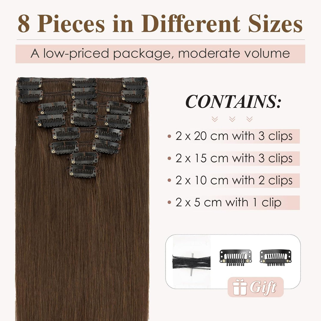 TESS Clip in Extensions Echthaar Haarteile Dunkelbraun #2 Remy Haar Extensions guenstig Haarverlänge