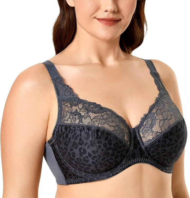 DELIMIRA Damen Minimizer BH Ohne Einlagen Mit Spitze Mit Bügel Grosse Grössen, 75E Holzkohle Panther