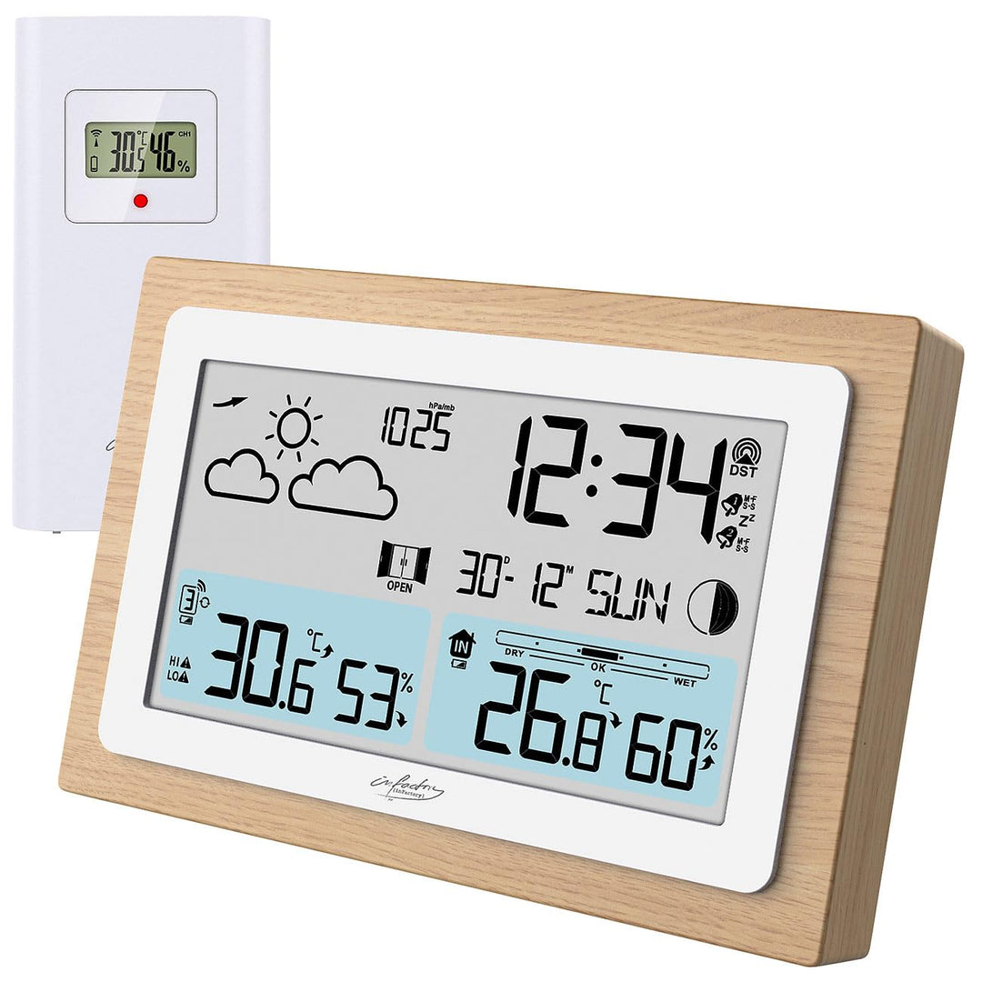 infactory Barometer: Funk-Wetterstation im Echtholz-Rahmen, Wettervorhersage, Uhr, Wecker (Wettersta