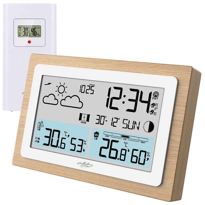 infactory Barometer: Funk-Wetterstation im Echtholz-Rahmen, Wettervorhersage, Uhr, Wecker (Wettersta