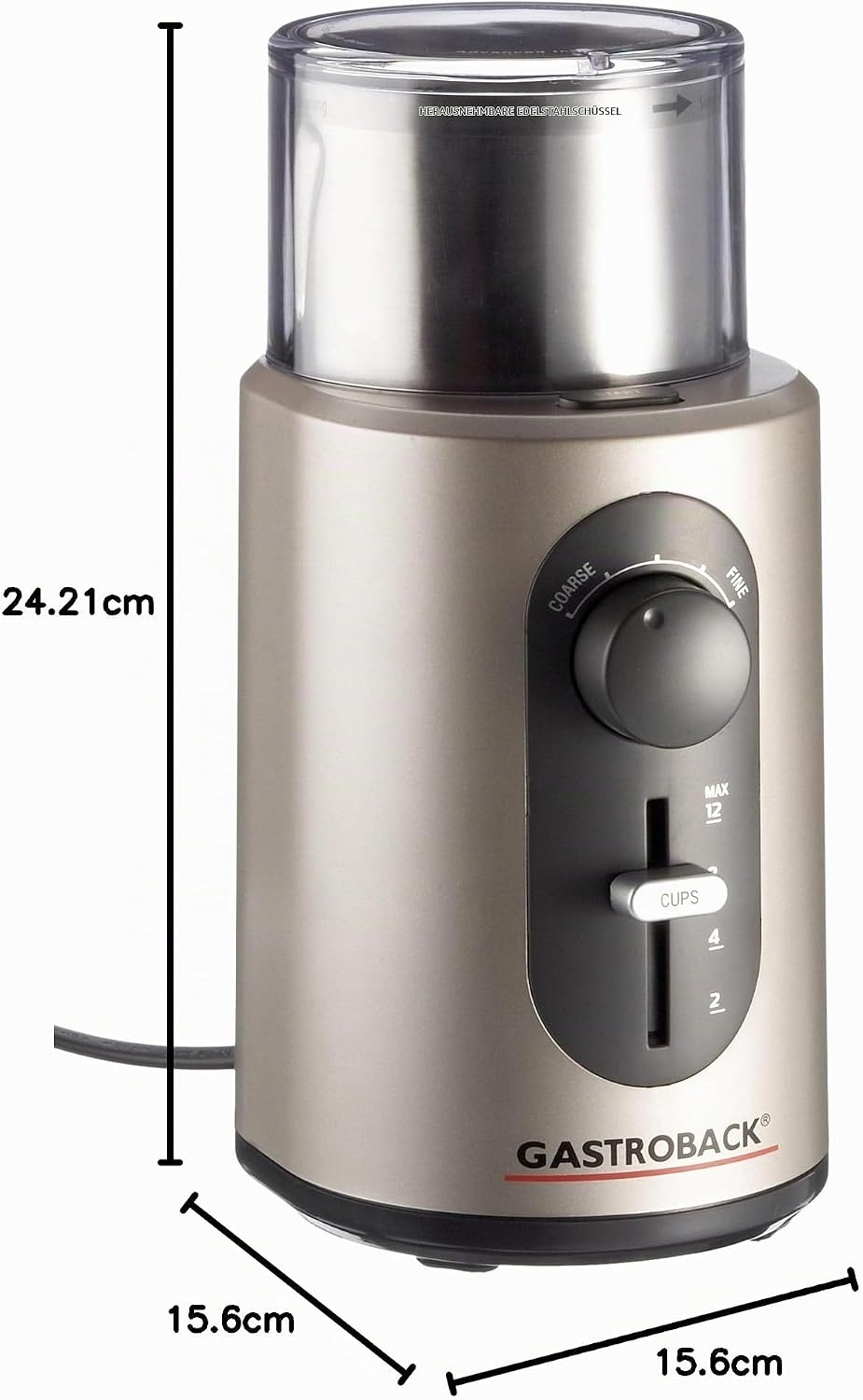Gastroback 42601 Design Kaffeemühle Basic, Edelstahl-Schneidemesser-System, Mahlgradeinstellung mit