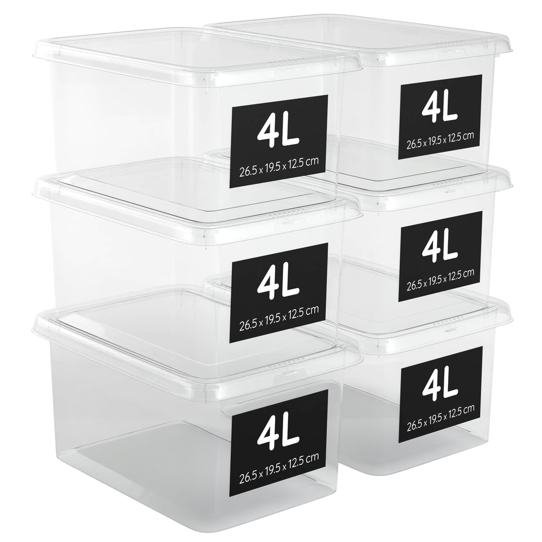 Aufbewahrungsboxen Klein 4L mit Deckel 6er Set Stapelbar 100% Transparent Klickverschluss 26,5x19,5x