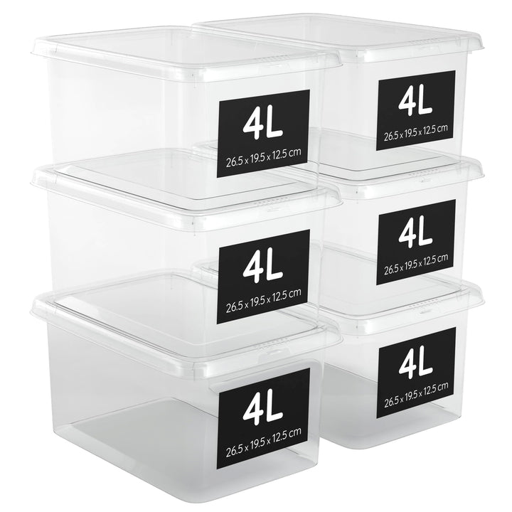 Aufbewahrungsboxen Klein 4L mit Deckel 6er Set Stapelbar 100% Transparent Klickverschluss 26,5x19,5x