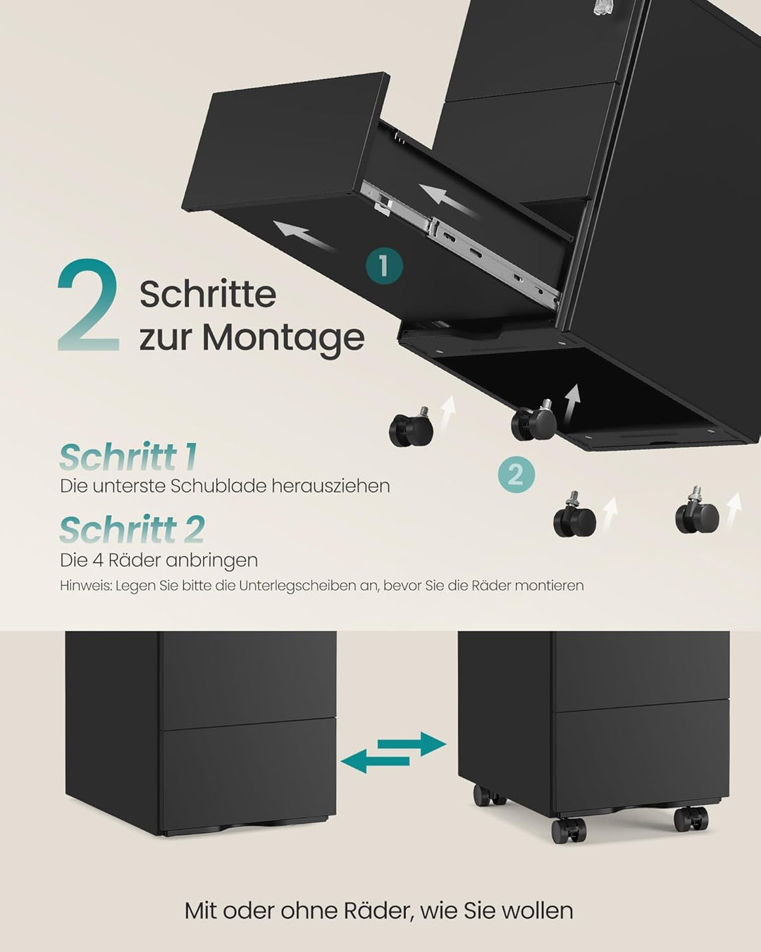 SONGMICS Schubladenschrank, Rollcontainer, mobiler Aktenschrank, Metallschrank, Druckertisch, abschl