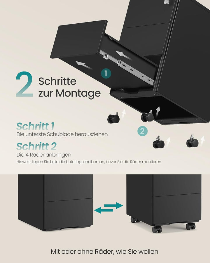 SONGMICS Schubladenschrank, Rollcontainer, mobiler Aktenschrank, Metallschrank, Druckertisch, abschl