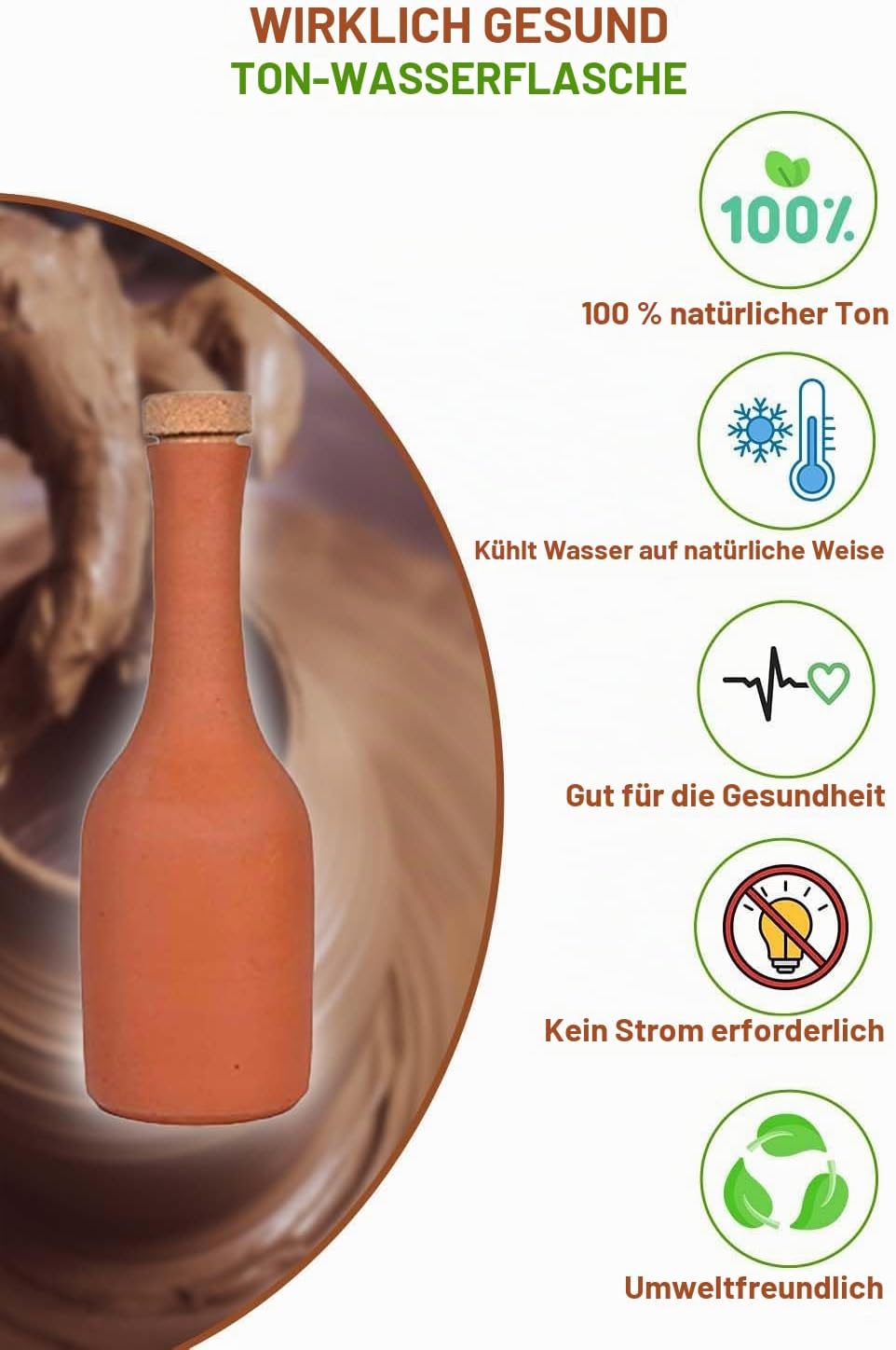Village Decor Unglasierte, handgefertigte Terrakotta-Wasserflasche mit Korken, 765 ml, vorgebrannte