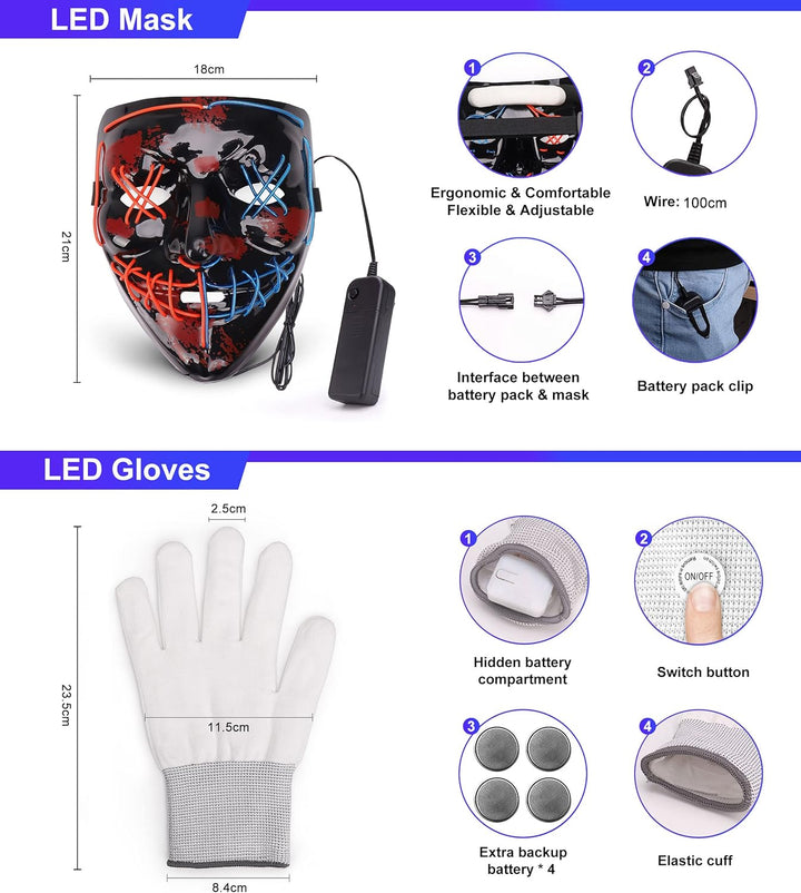 Colplay Halloween Maske LED Maske Leuchtende Handschuhe-Set, Mehrere Leuchtmodi The Maske Kostüm, Ha