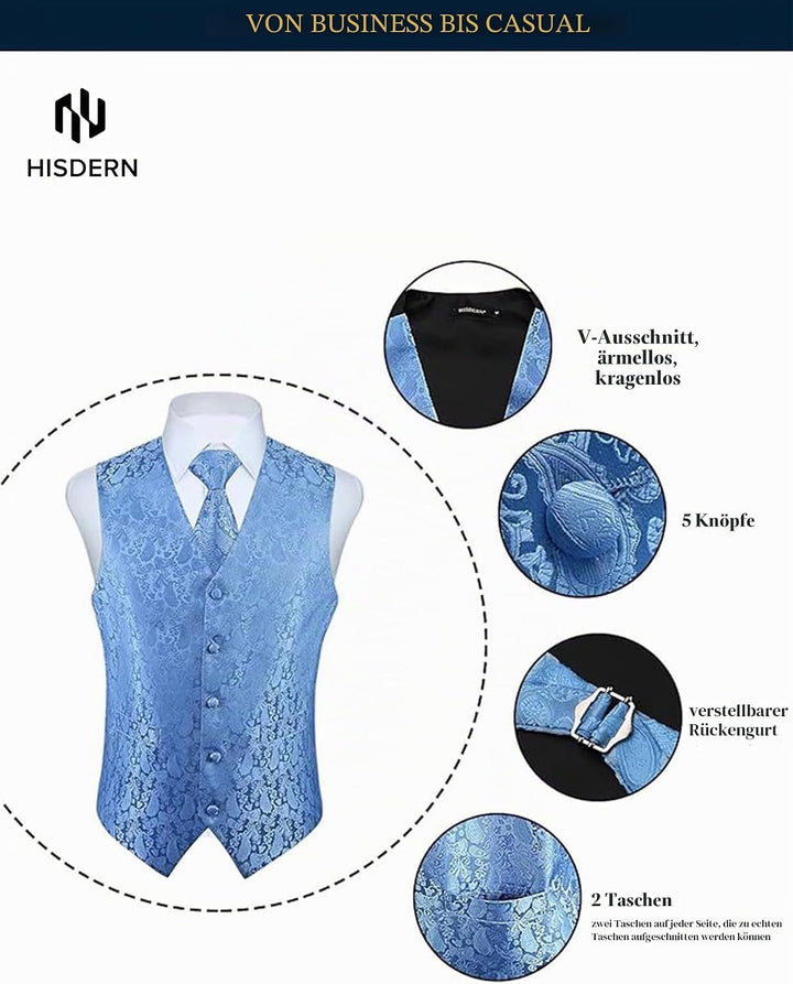 HISDERN Herren FLoral Hochzeit Weste Krawatte Einstecktuch Taschentuch Jacquard Weste Anzug Set M He