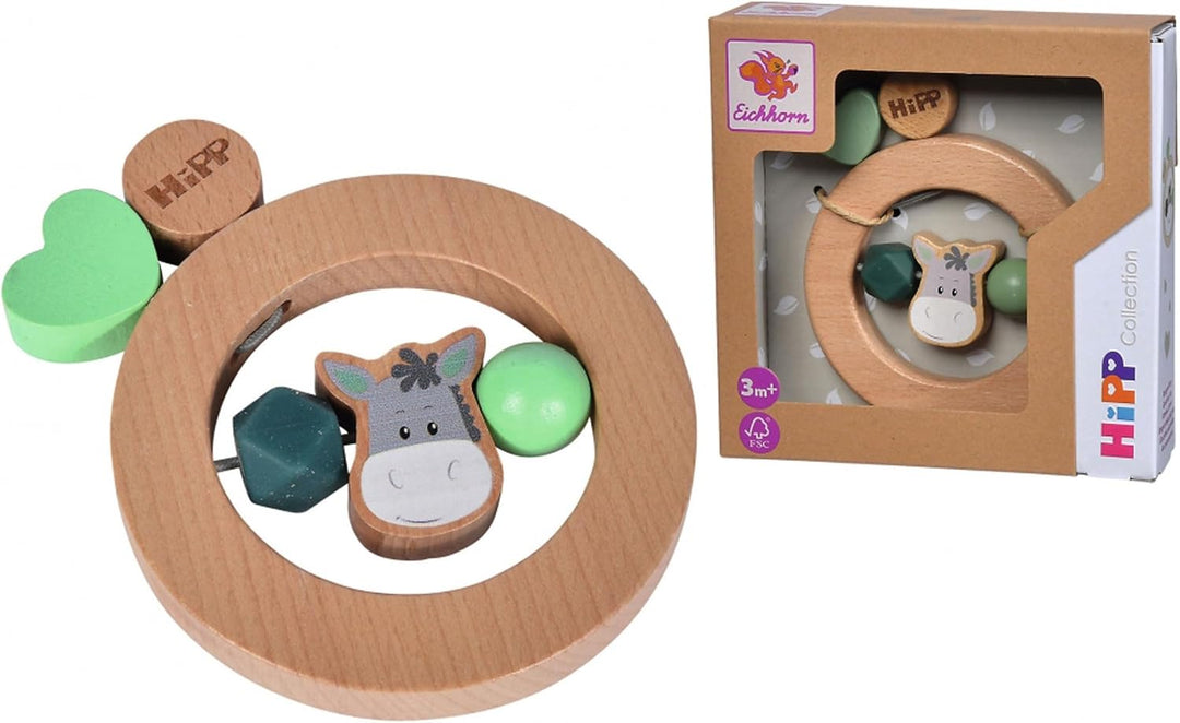 Eichhorn - Baby Hipp Ring Greifling mit Eselmotiv, 10cm, FSC 100% zertifiziertes Buchenholz, ab 3 Mo