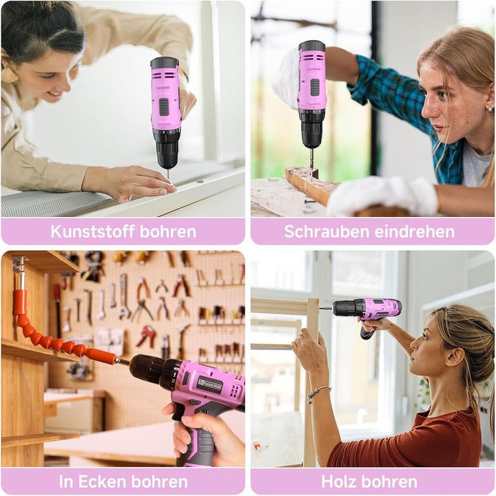 12V Akku-Bohrschrauber, Akku-Bohrschrauber-Set, 3/8" Zoll Schnellspannbohrfutter, Rosa Elektroschrau