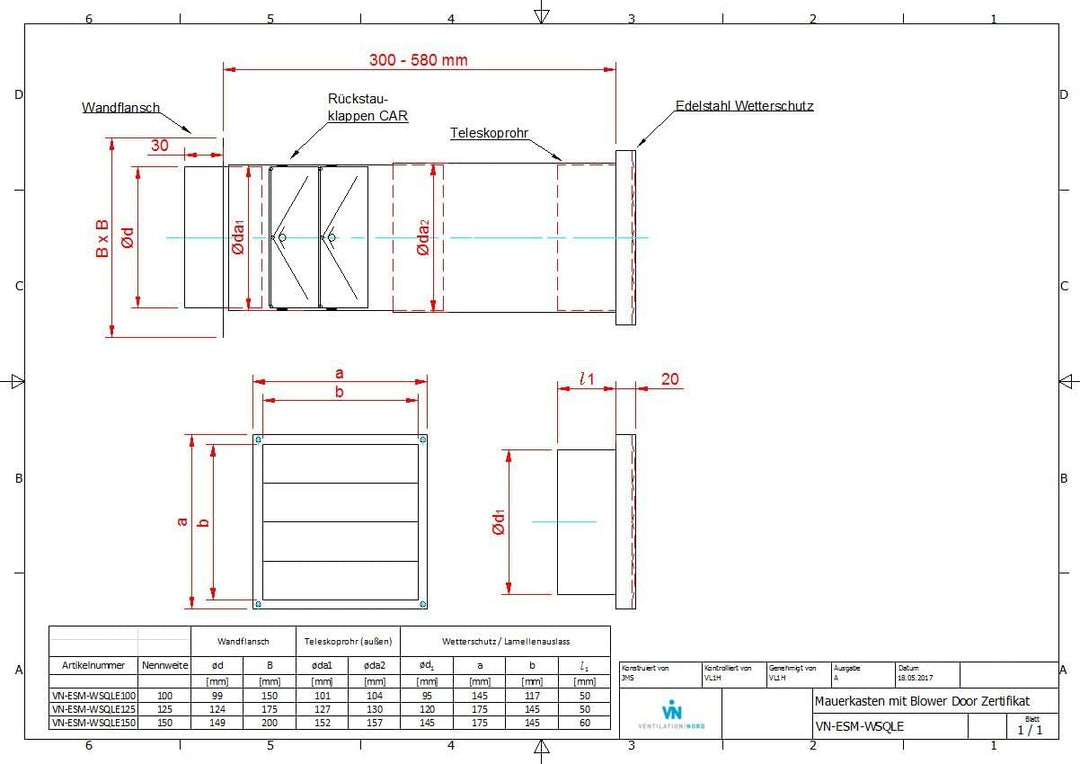 VentilationNord Edelstahl Mauerkasten mit Rückstauklappen für Dunstabzugshauben 150mm mit Blower Doo