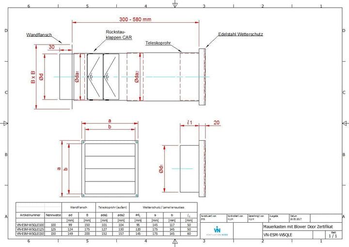 VentilationNord Edelstahl Mauerkasten mit Rückstauklappen für Dunstabzugshauben 150mm mit Blower Doo