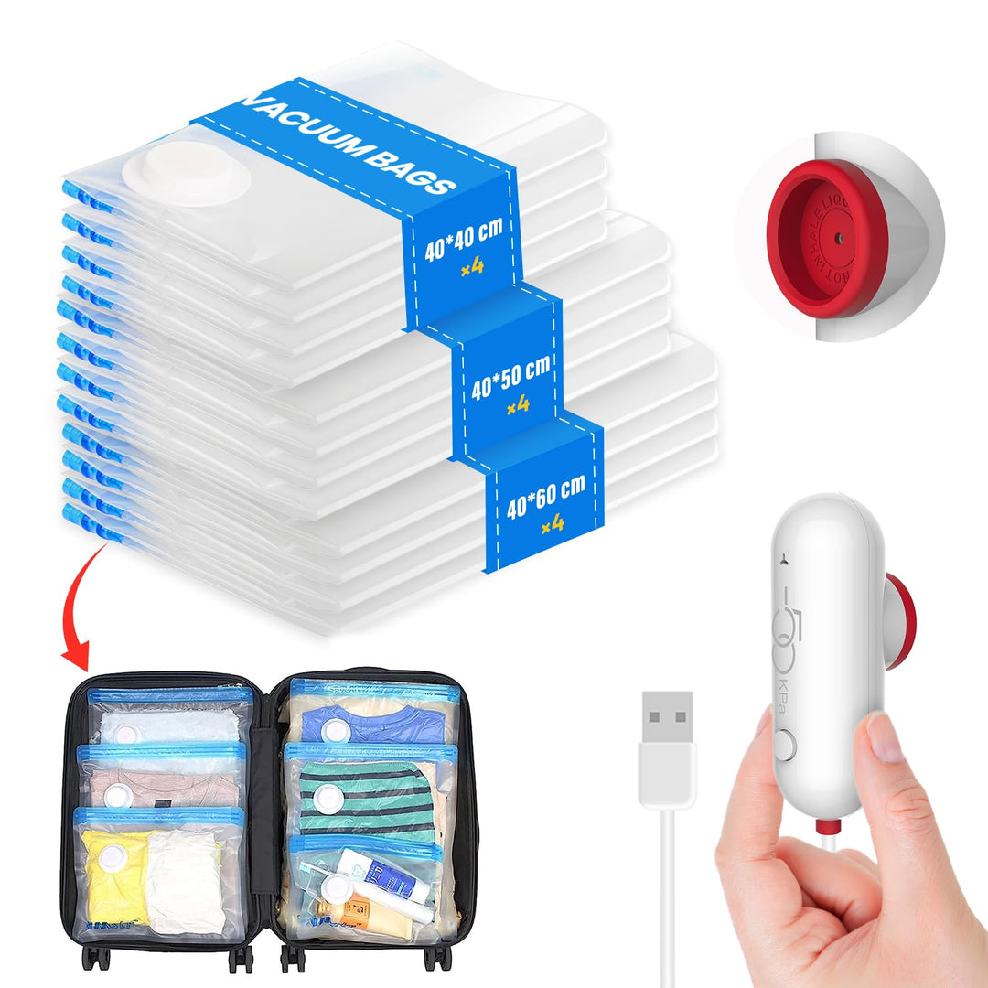 Vakuumbeutel für Kleidung mit USB Elektropumpe, 12 Stück Kleidersack (4x 40 * 40cm / 4x 40 * 50cm /