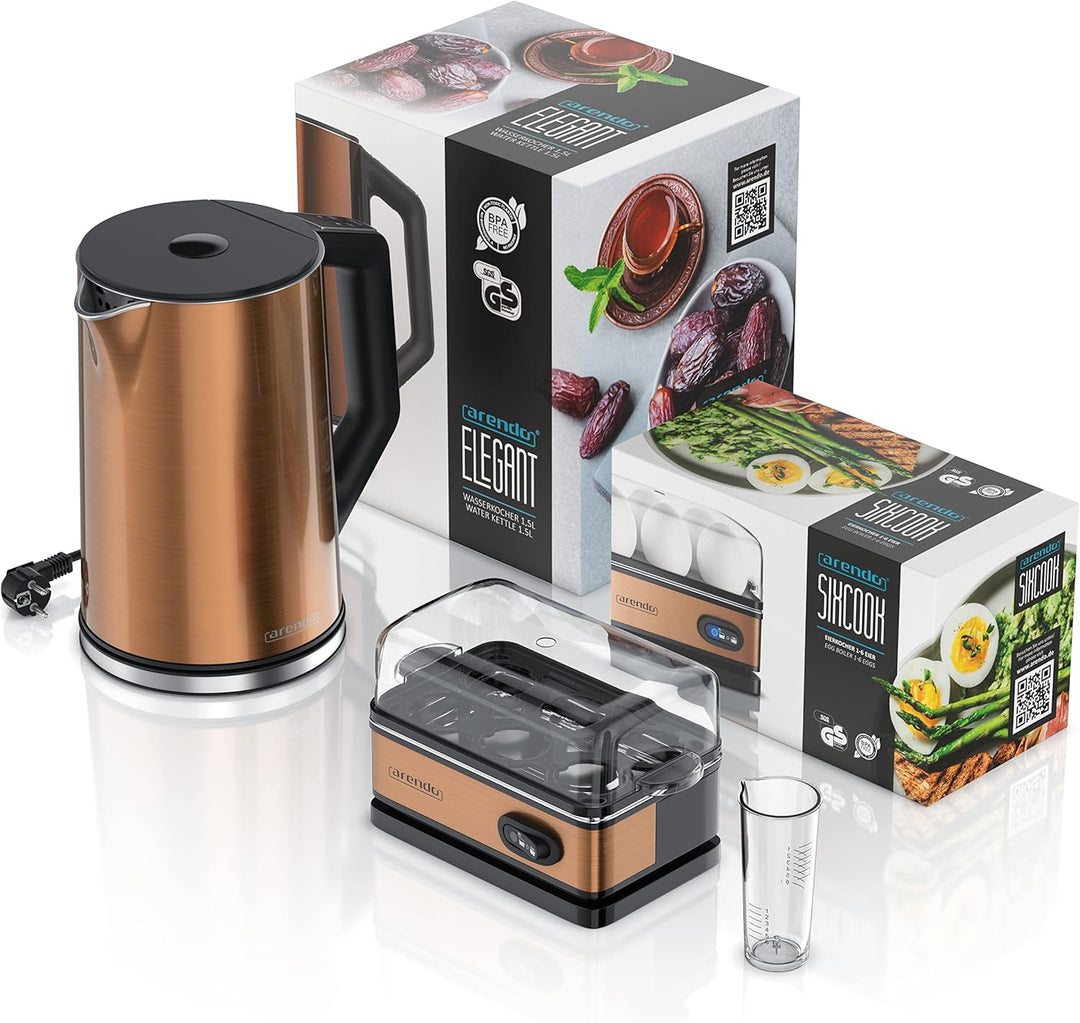 Arendo - SET Wasserkocher ELEGANT mit Eierkocher THREECOOK Edelstahl Kupfer, Wasserkocher 1,5L, 40°