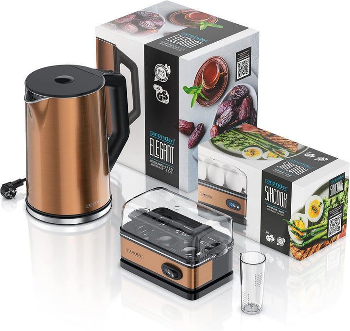 Arendo - SET Wasserkocher ELEGANT mit Eierkocher THREECOOK Edelstahl Kupfer, Wasserkocher 1,5L, 40°