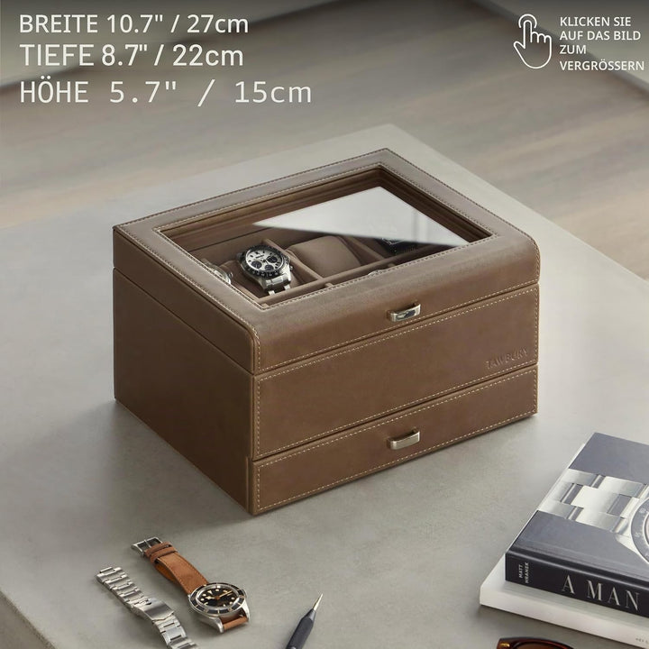 TAWBURY 8-Fach-Uhrenbox mit Aufbewahrungsschublade – Premium-Uhrenaufbewahrungsbox für Herren (Taupe