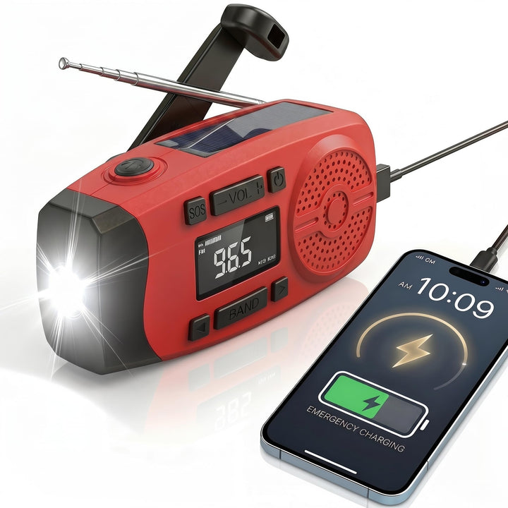 Solarkurbel-Notfallradio mit LCD-Display, 2000mAh Powerbank, 3-in-1 Taschenlampe mit SOS-Alarm, trag