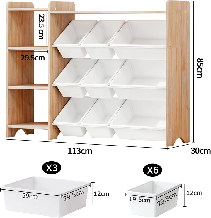 MALLBEST Bücherregal Kinder aus Massivholz – Kinderregal mit 4 Ebenen, 9 Aufbewahrungsboxen und 3 Fä