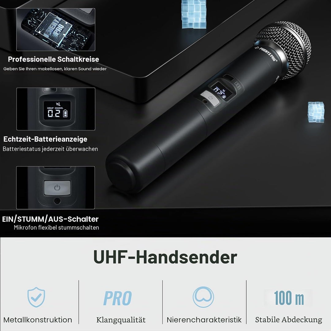 Phenyx Pro Wireless Mikrofon System mit Dual-Handheld-Funkmikrofon/Bodypack/Headset/Lapel-Mikrofon,