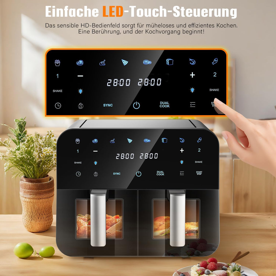 Dual Zone Heissluftfritteuse 9L mit 2 Kamern Kapazität 2 Fächer Sichtfenster Beleuchtung Airfryer To