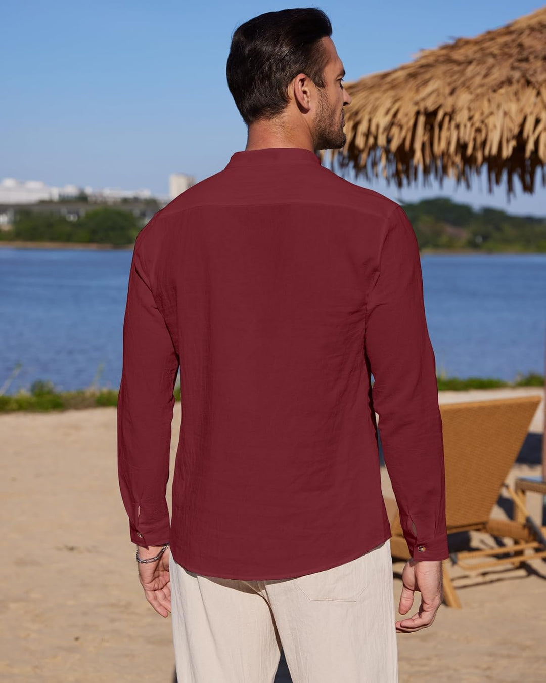 YAOBAOLE Herrenhemd, Leinen, Langarm, Sommer, Mao, lässig, Henley, Strandhemd, klassisch XL Weinrot,