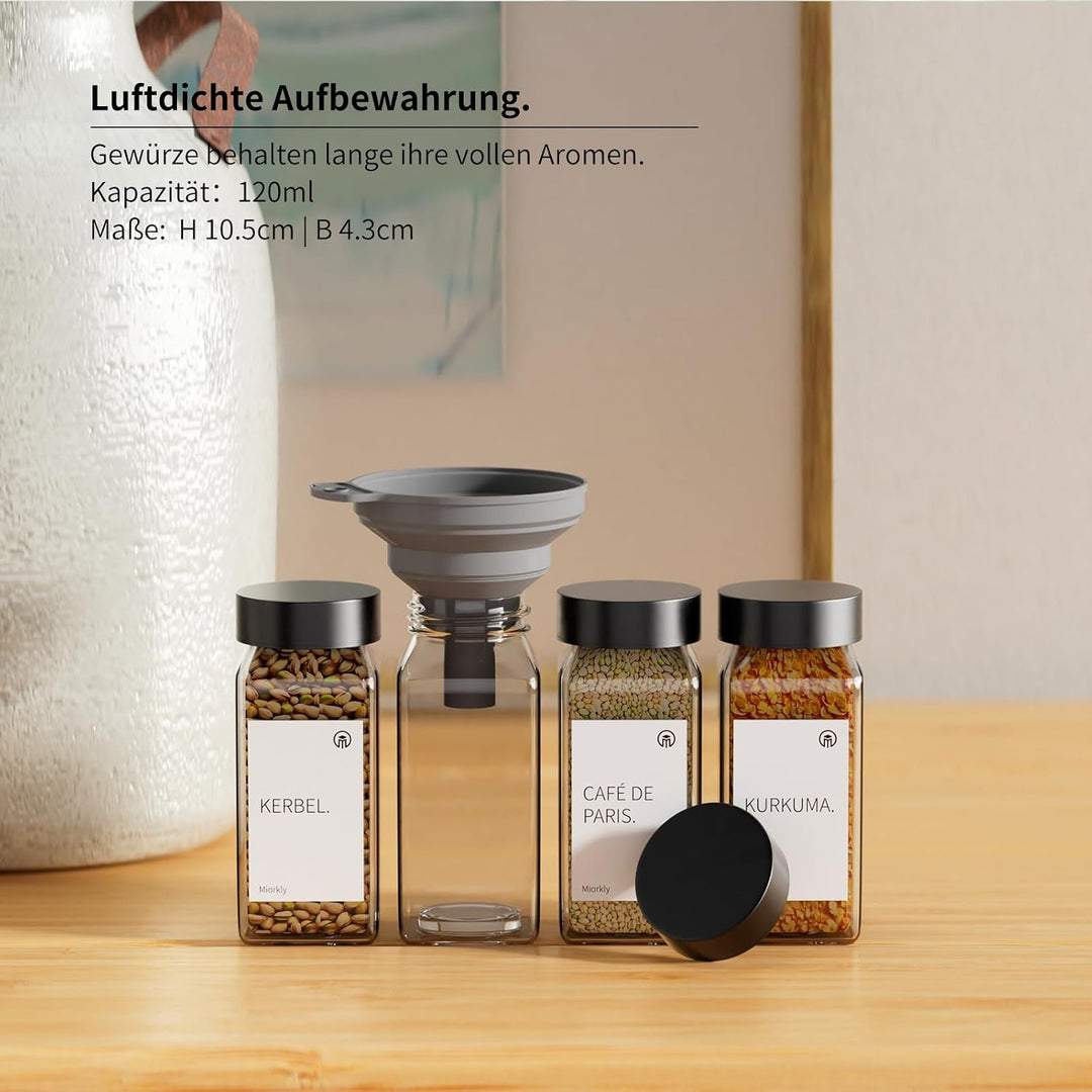 Miorkly Gewürzgläser Eckig mit Streueinsatz - 12 x 120ml - Edelstahl Deckel G.12, G.12