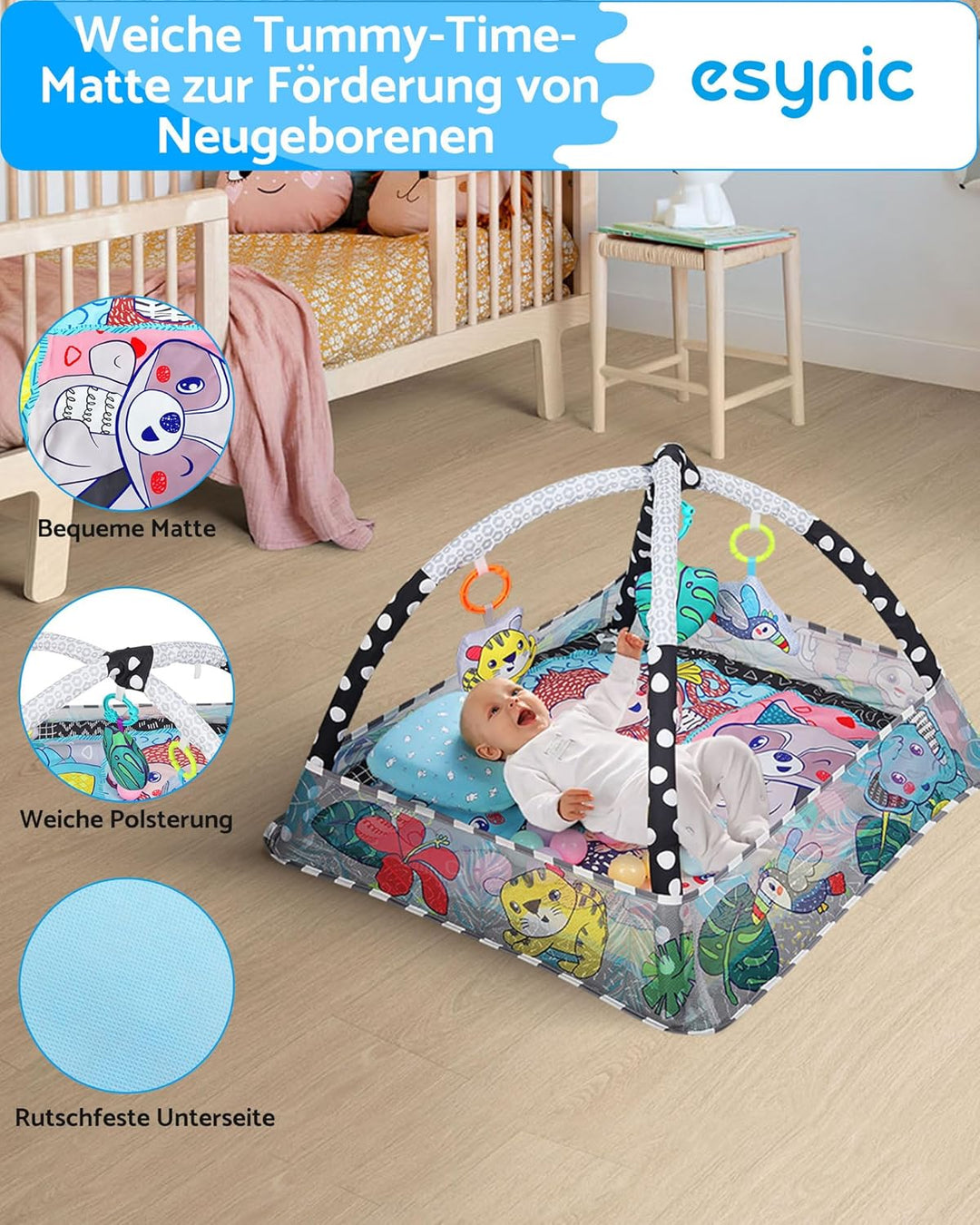 eSynic Baby Gym Spieldecke mit Spielbogen & Netz Baby Spielmatte für Bauchzeit 7-in-1 Krabbeldecke m