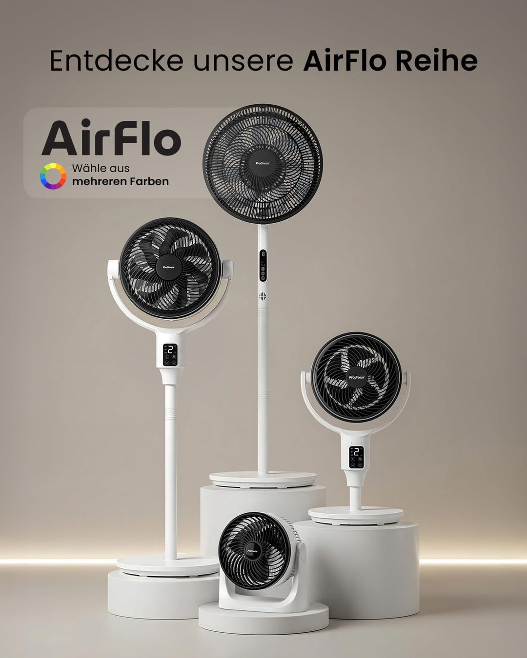 Pro Breeze AirFlo Slim Standventilator – 3-in-1: 70 | 100 | 130 cm | 9 Stufen bis 5,0 m/s | Leise 3