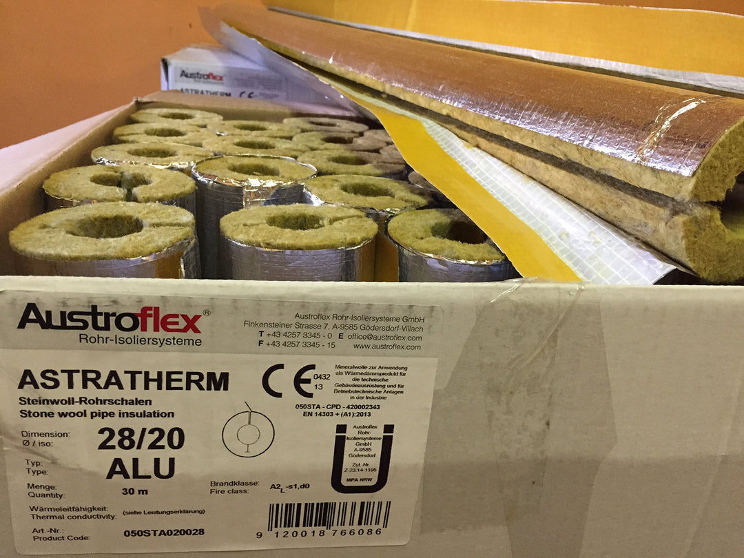 Austroflex Rohrisolierung 28 x 20mm voller Karton 30m Inhalt (1,79€/Meter) Rohrschalen alukaschiert