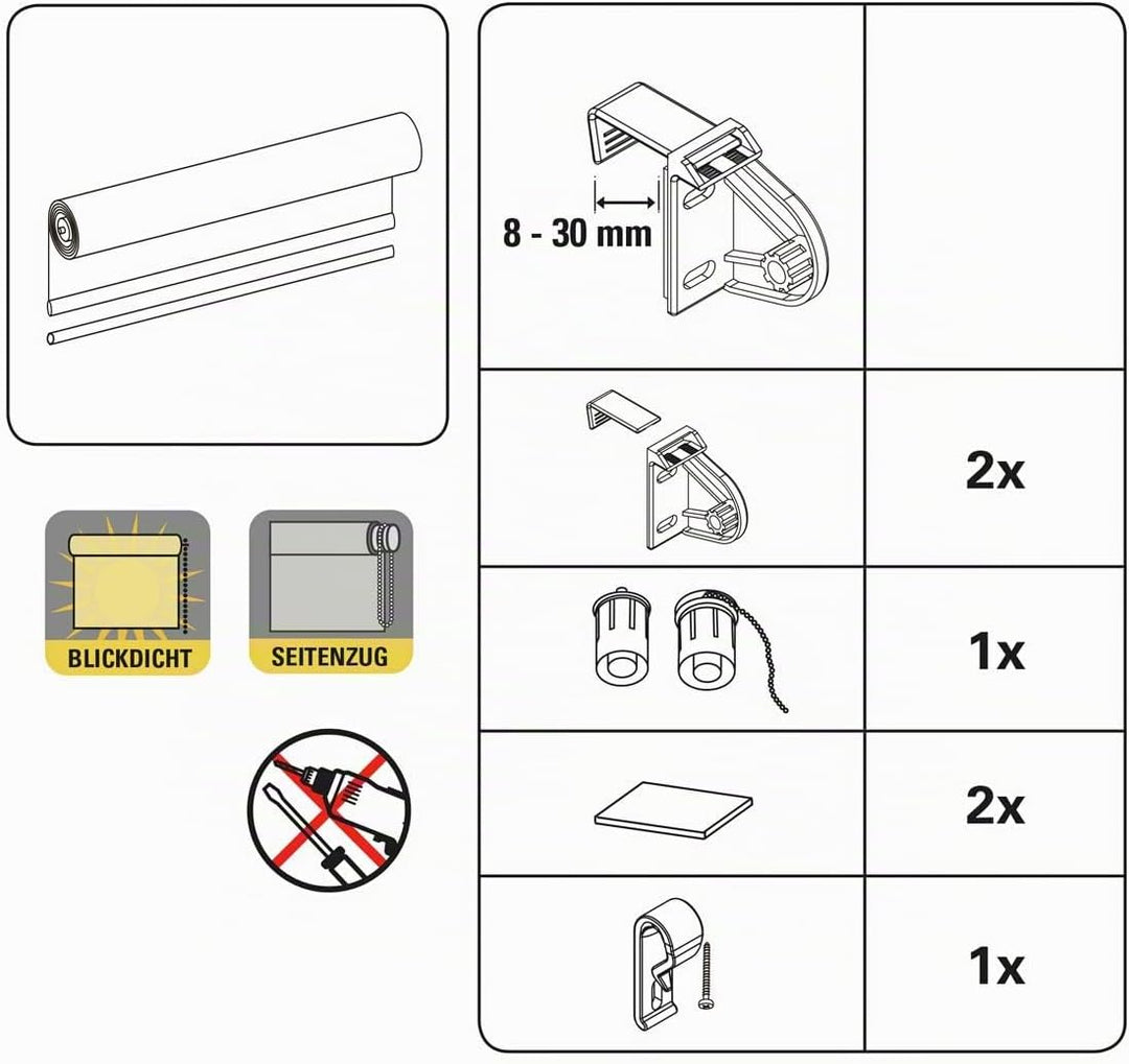 GARDINIA Rollo ohne Bohren, Zum Klemmen, Blickdicht, Sichtschutz, Blendschutz, Inkl. aller Montage-T