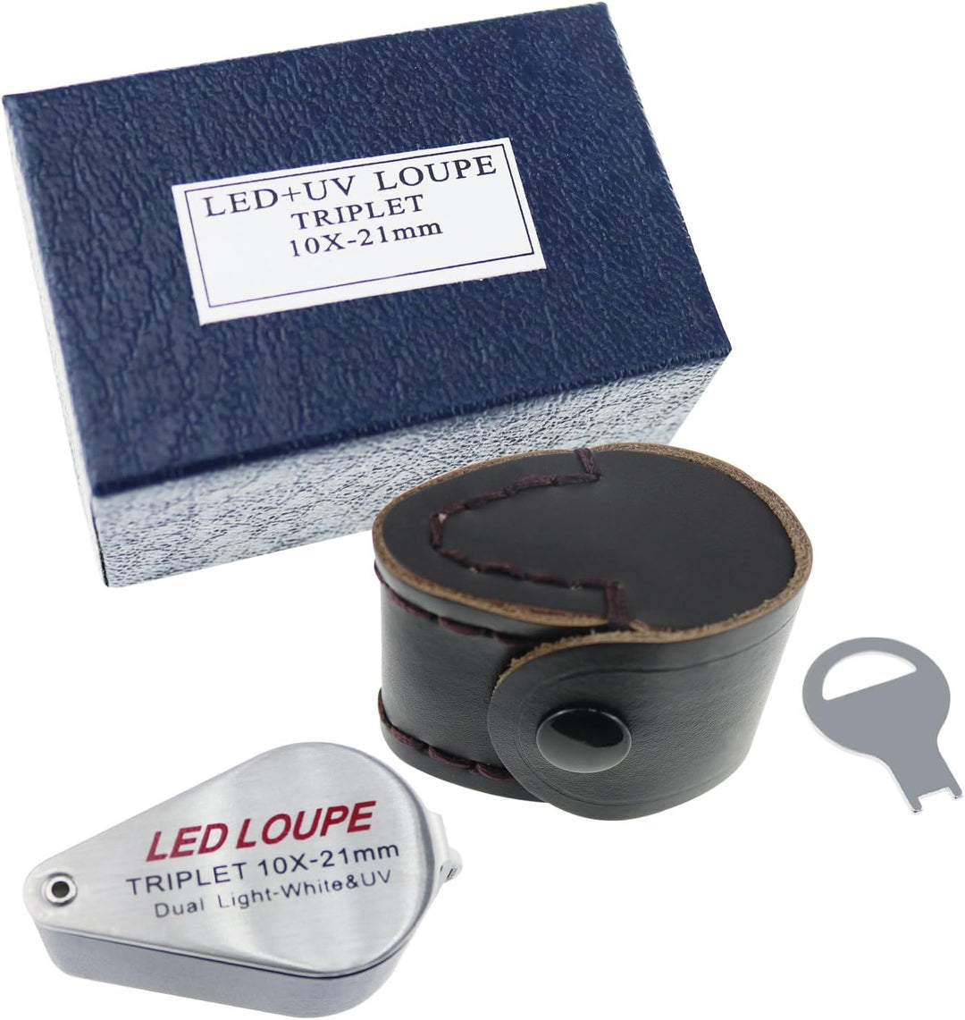 Juwelier Lupe 10X mit LED &amp; UV Licht 21mm Triplet Linse für Kristallklar Sicht - Professionelle Lupe