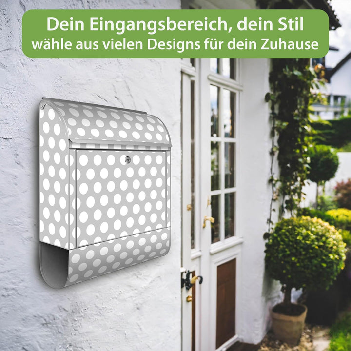 banjado® Design Briefkasten mit Motiv Punkte Grau 39x47x14cm &amp; 2 Schlüssel - Briefkasten Stahl Silbe