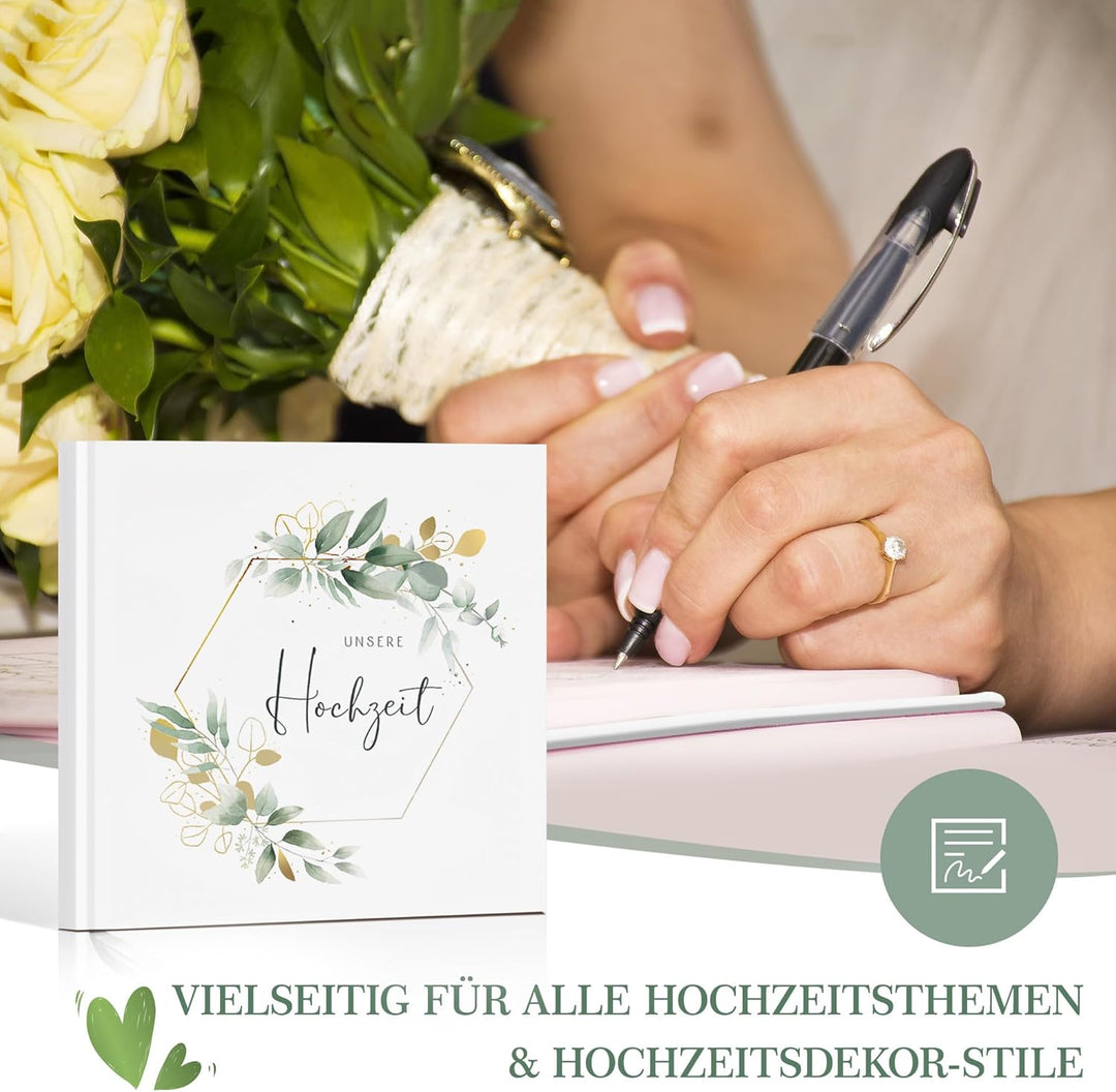 Marvelights Hochzeitsgästebuch, Gästebuch Hochzeit, 120 Seiten Blanko, Hardcover mit Goldprägung, ho