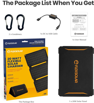 FlexSolar 20W tragbares Solar-Ladegerät, USB Solarladegerät wasserdicht, IP67, faltbares Solarpanel