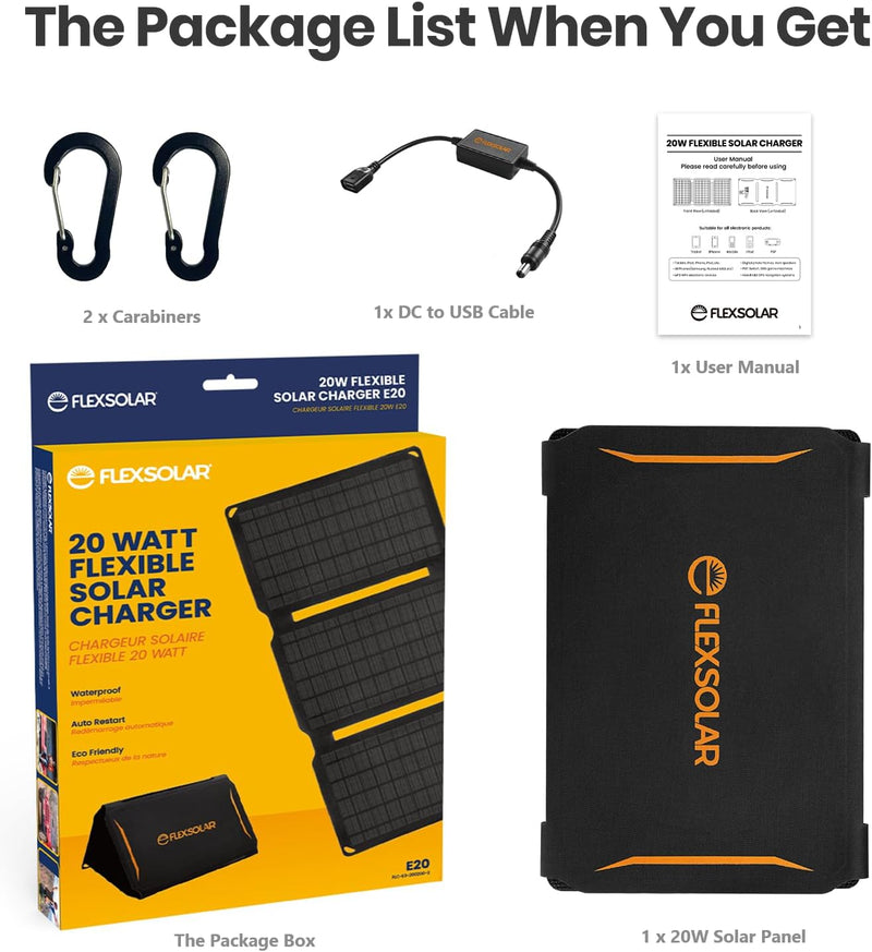 FlexSolar 20W tragbares Solar-Ladegerät, USB Solarladegerät wasserdicht, IP67, faltbares Solarpanel