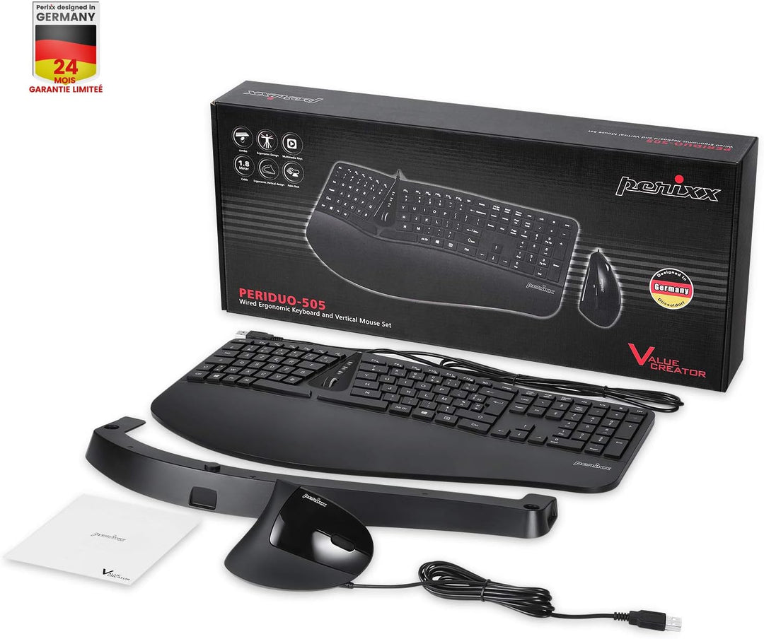 Perixx Periduo-505, ergonomisch, Tastatur und Maus, kabelgebunden, USB, für Windows – Vertikale Maus