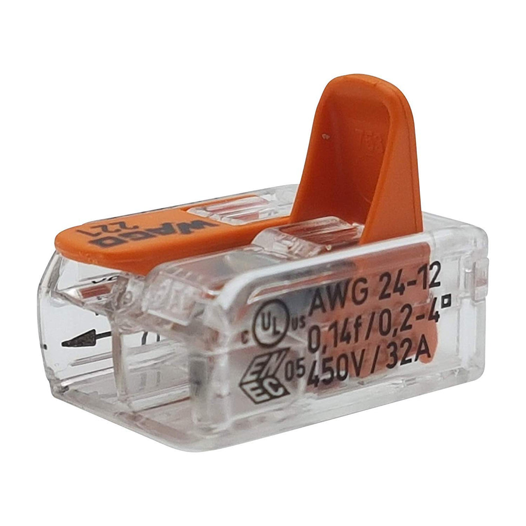 WAGO 50 Stück 221-412 Verbindungsklemme, 2-adrig, mit Hebel, 0,2-4qmm kleine Form, transparent 1 2 F