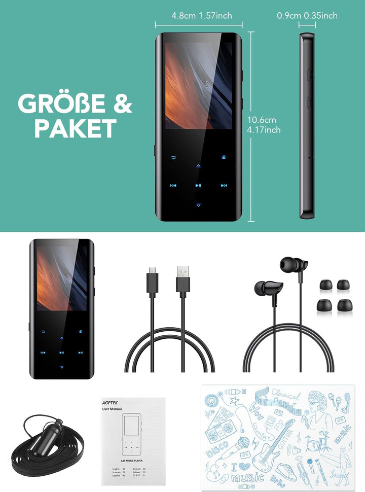 AGPTEK 32GB MP3 Player Bluetooth 5.0 mit 2,4 Zoll TFT Farbbildschirm, HiFi Musik Player mit Lautspre