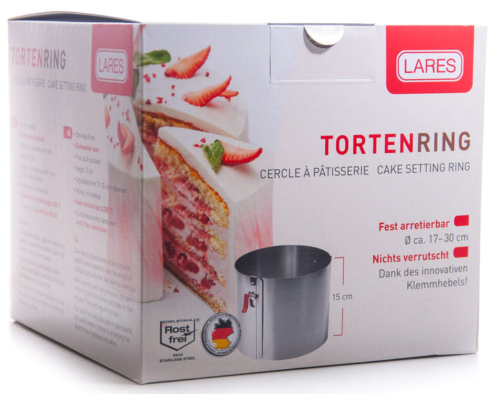 Lares Kuchenring/Tortenring mit Klemmhebel - 18-30cm Ø, H: 15cm - Federbandstahl, stufenlos verstell