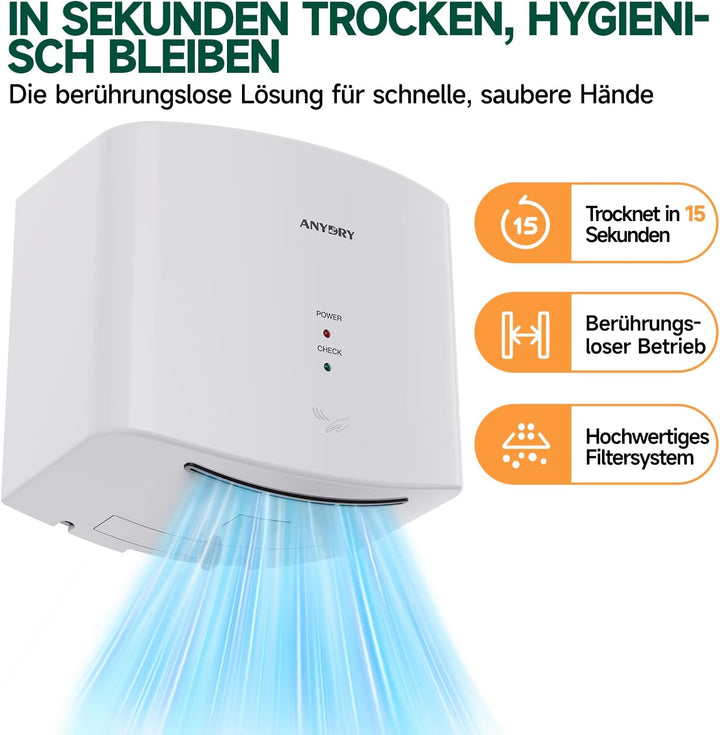 anydry 2630S Kompakter Händetrockner,Automatischer Elektrischer Händetrockner für Wandmontage,Für Ge
