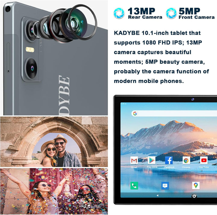 KADYBE 2024 Neueste WLAN 6 Android 14 Tablet 10 Zoll,64GB ROM (512GB TF),Octa-Core,| Google GMS-Zert