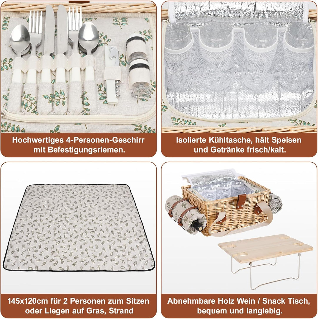 Picknickkorb-Set mit Mini-Klapptisch und Besteck-Set, Picknickkorb für 4 Personen mit kühltaschen, F