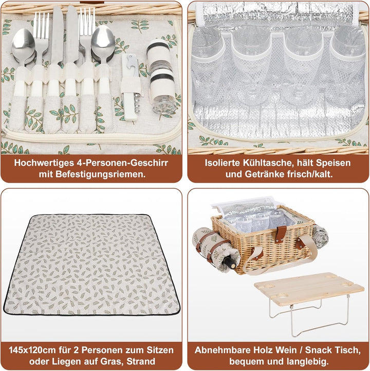 Picknickkorb-Set mit Mini-Klapptisch und Besteck-Set, Picknickkorb für 4 Personen mit kühltaschen, F