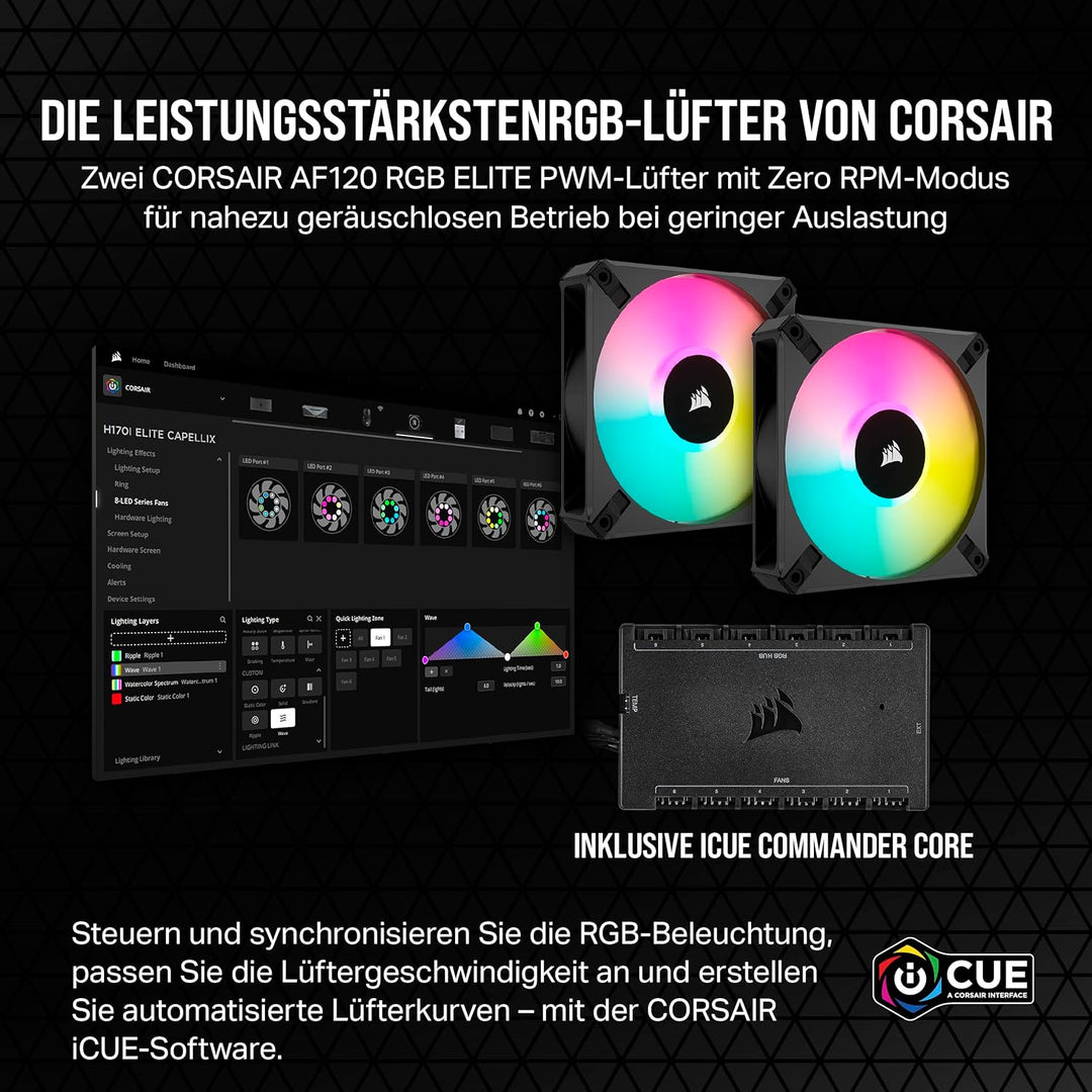 Corsair iCUE H100i ELITE CAPELLIX XT Liquid CPU Cooler - Zwei AF120 RGB ELITE Lüfter - 240mm Radiato
